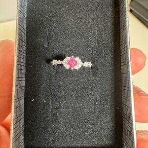 Ruby Princess Cut Halo Ring Adjustable Size Sterling Silver Deep Red